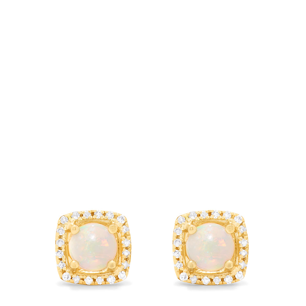 The Aurora 14K Yellow Gold Opal and Diamond Stud Earrings (0.92 TCW) feature round opal centers encircled by a square halo of sparkling diamonds, shown against a white background.