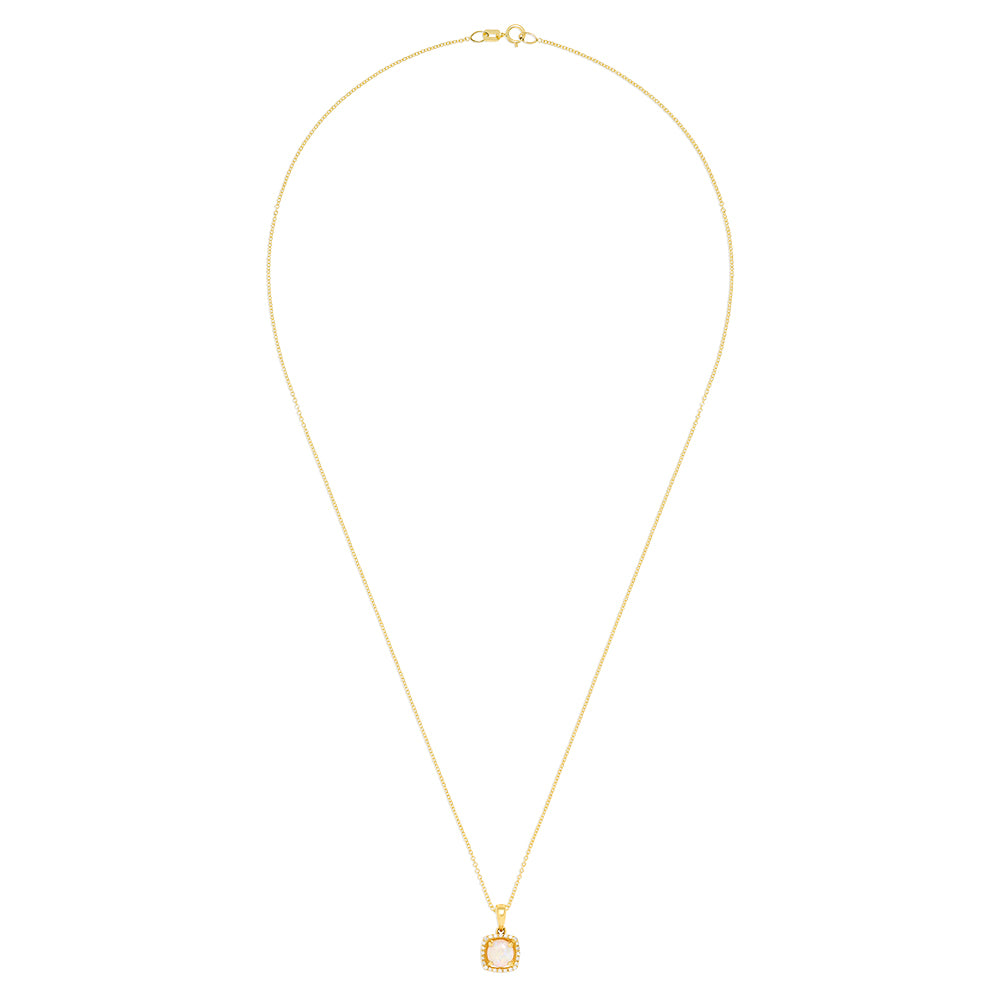 The Aurora 14K Yellow Gold Opal and Diamond Pendant, 0.62 TCW, features a delicate gold chain and a square pendant with an iridescent opal center framed by sparkling white diamonds.