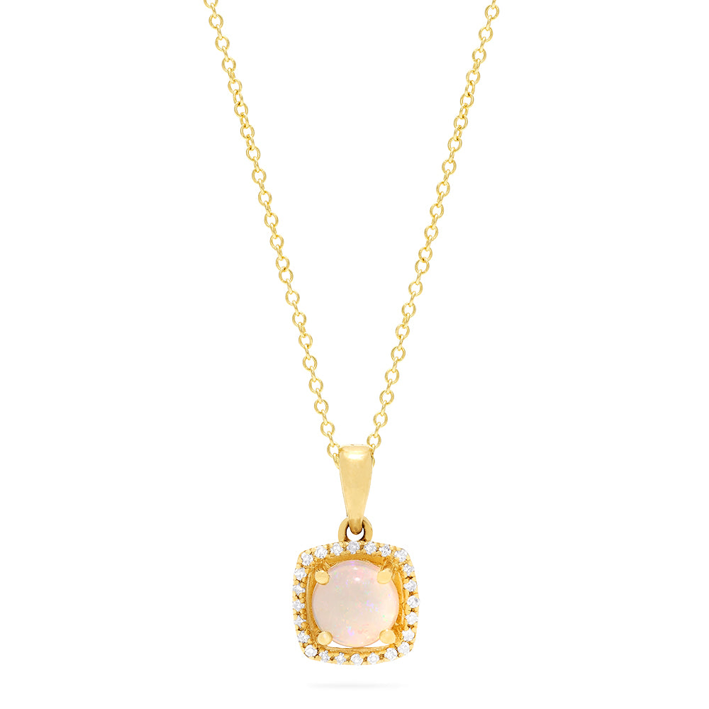 The Aurora 14K Yellow Gold Opal and Diamond Pendant, 0.62 TCW, features a delicate gold chain and a square pendant with an iridescent opal center framed by sparkling white diamonds.