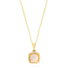 The Aurora 14K Yellow Gold Opal and Diamond Pendant, 0.62 TCW, features a delicate gold chain and a square pendant with an iridescent opal center framed by sparkling white diamonds.