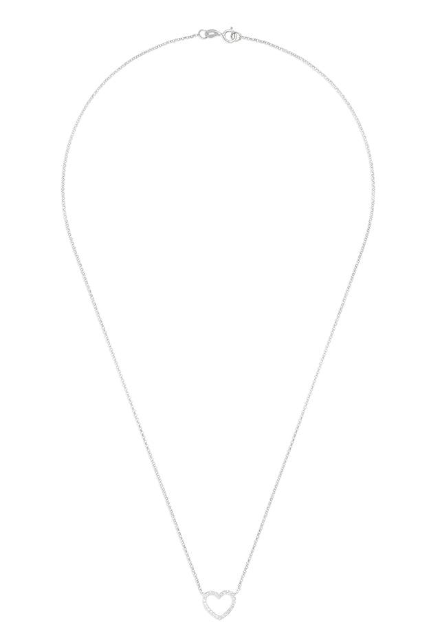 The Novelty 14K White Gold Diamond Heart Pendant, 0.10 TCW, features a delicate open heart design adorned with sparkling diamonds, hanging from a fine chain and showcased against a white background.