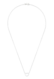 The Novelty 14K White Gold Diamond Heart Pendant, 0.10 TCW, features a delicate open heart design adorned with sparkling diamonds, hanging from a fine chain and showcased against a white background.