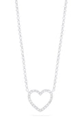 The Novelty 14K White Gold Diamond Heart Pendant, 0.10 TCW, features a delicate open heart design adorned with sparkling diamonds, hanging from a fine chain and showcased against a white background.