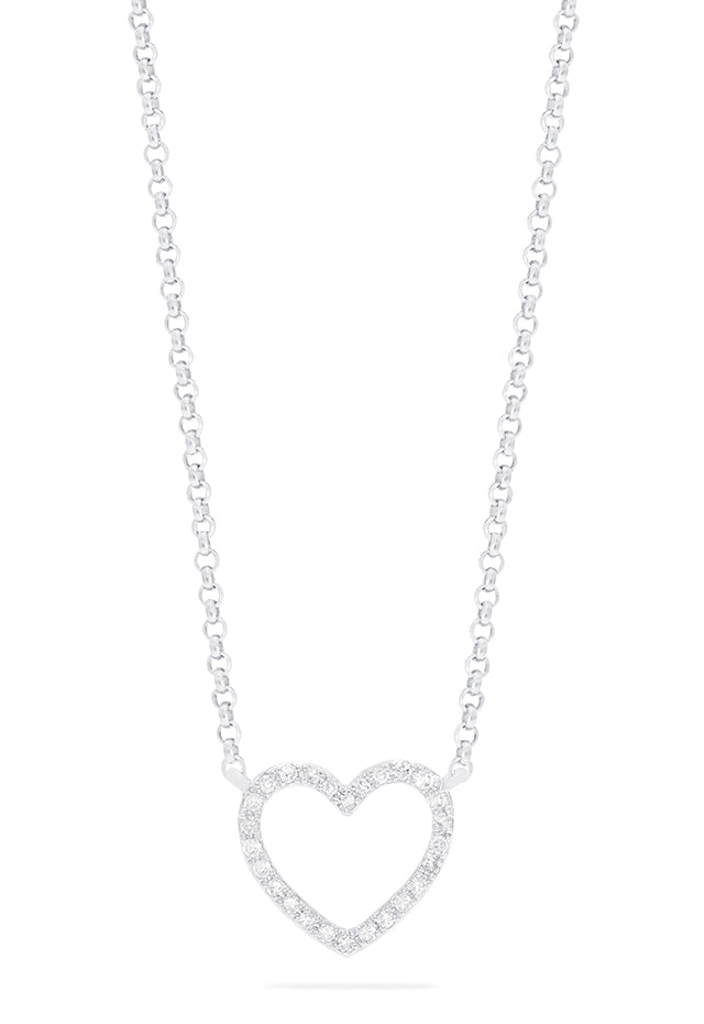 The Novelty 14K White Gold Diamond Heart Pendant, 0.10 TCW, features a delicate open heart design adorned with sparkling diamonds, hanging from a fine chain and showcased against a white background.
