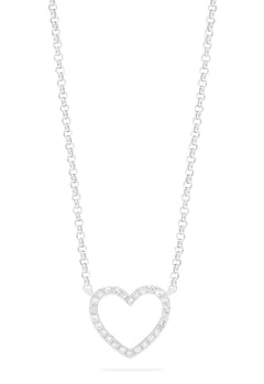 The Novelty 14K White Gold Diamond Heart Pendant, 0.10 TCW, features a delicate open heart design adorned with sparkling diamonds, hanging from a fine chain and showcased against a white background.
