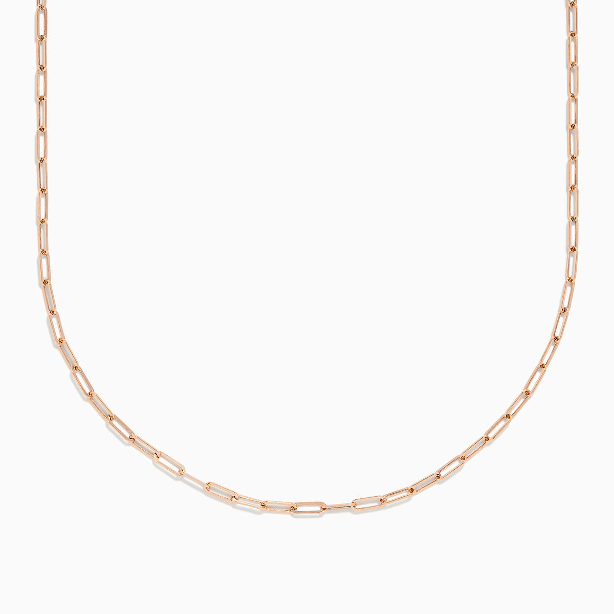 The 14K Rose Gold 18 2.5mm Paperclip Necklace features delicate elongated oval links and is shown against a plain white background.