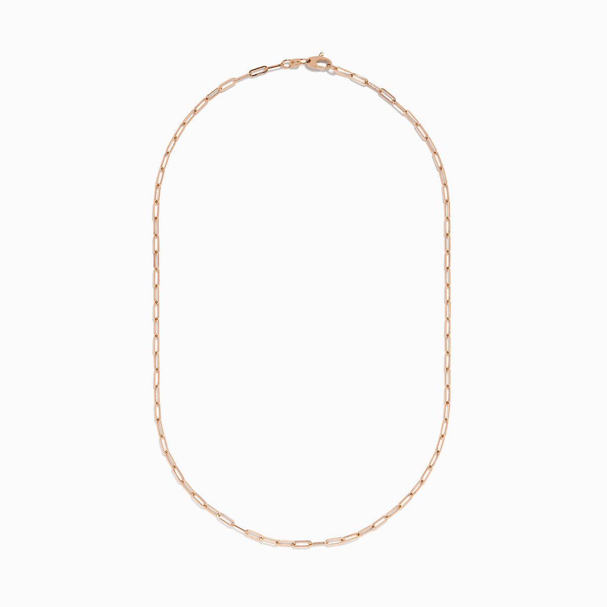 The 14K Rose Gold 18 2.5mm Paperclip Necklace features delicate elongated oval links and is shown against a plain white background.