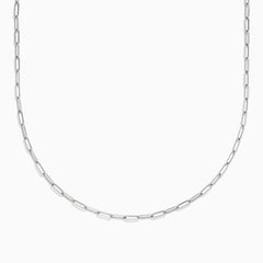 The 14K White Gold 20 2.5mm Paperclip Necklace features elongated oval links and is displayed in a semi-circular shape against a white background.