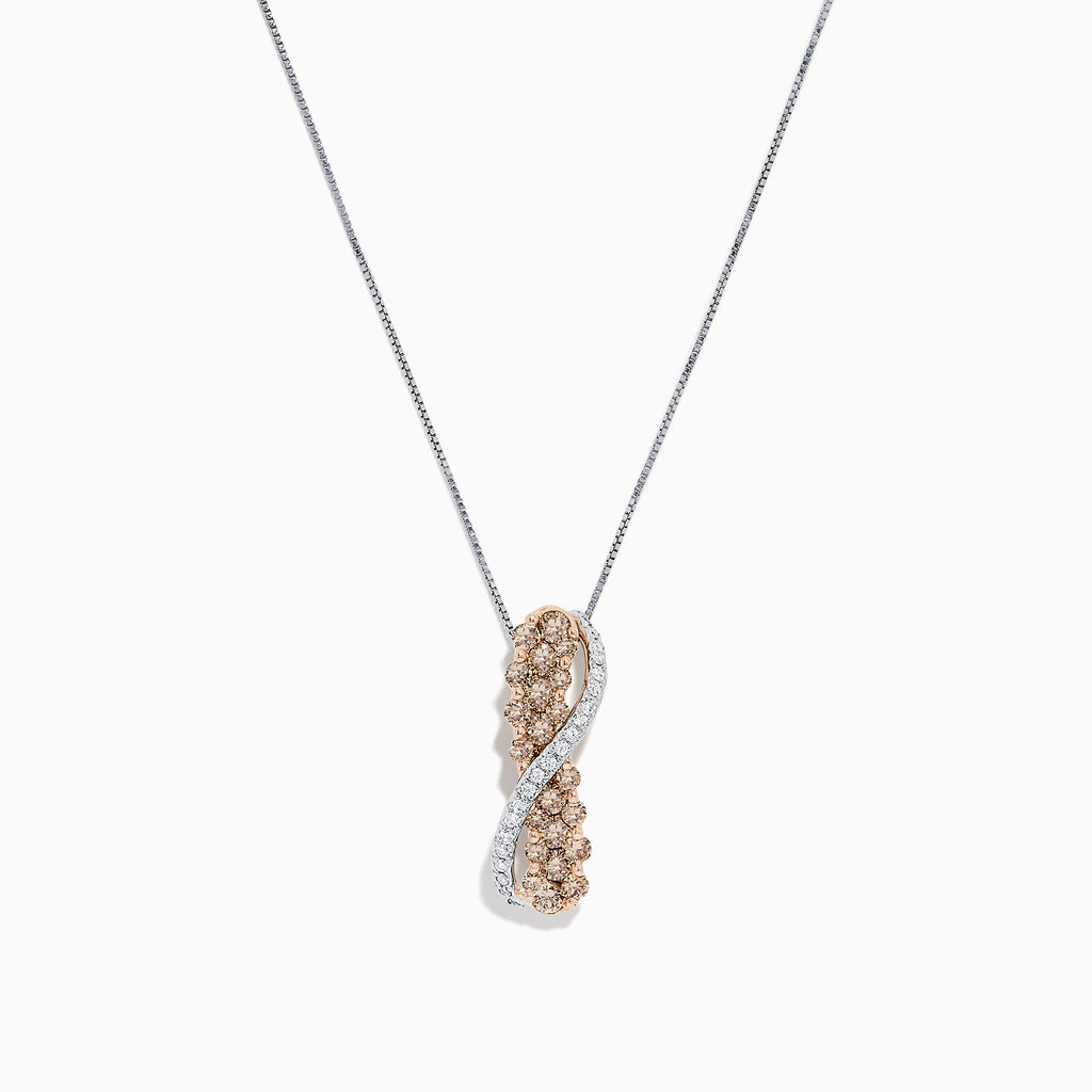 The 14K two-tone gold crossover pendant features a twisting ribbon design with brown and white diamond accents totaling 1.00 TCW, hanging from a delicate chain.