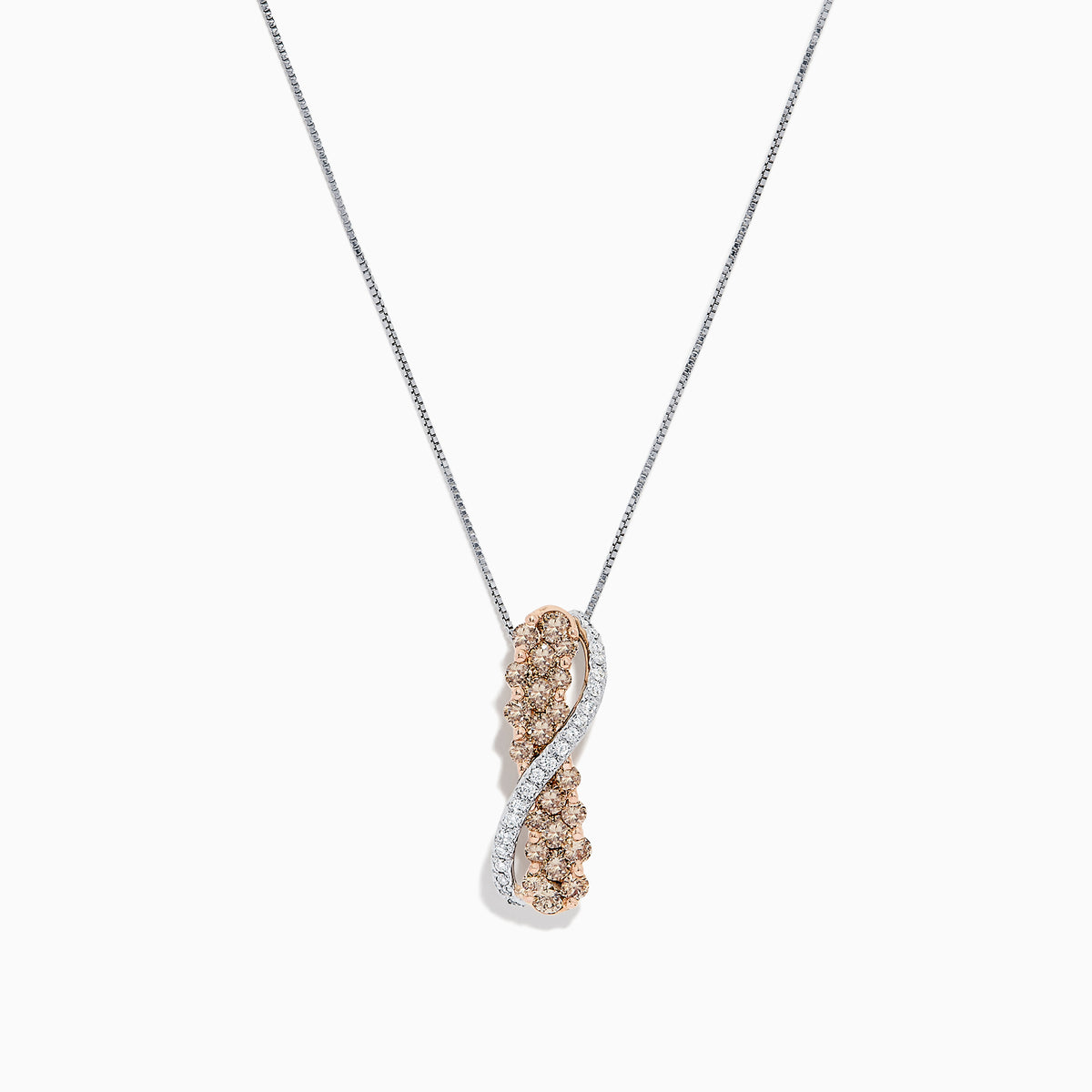 The 14K two-tone gold crossover pendant features a twisting ribbon design with brown and white diamond accents totaling 1.00 TCW, hanging from a delicate chain.