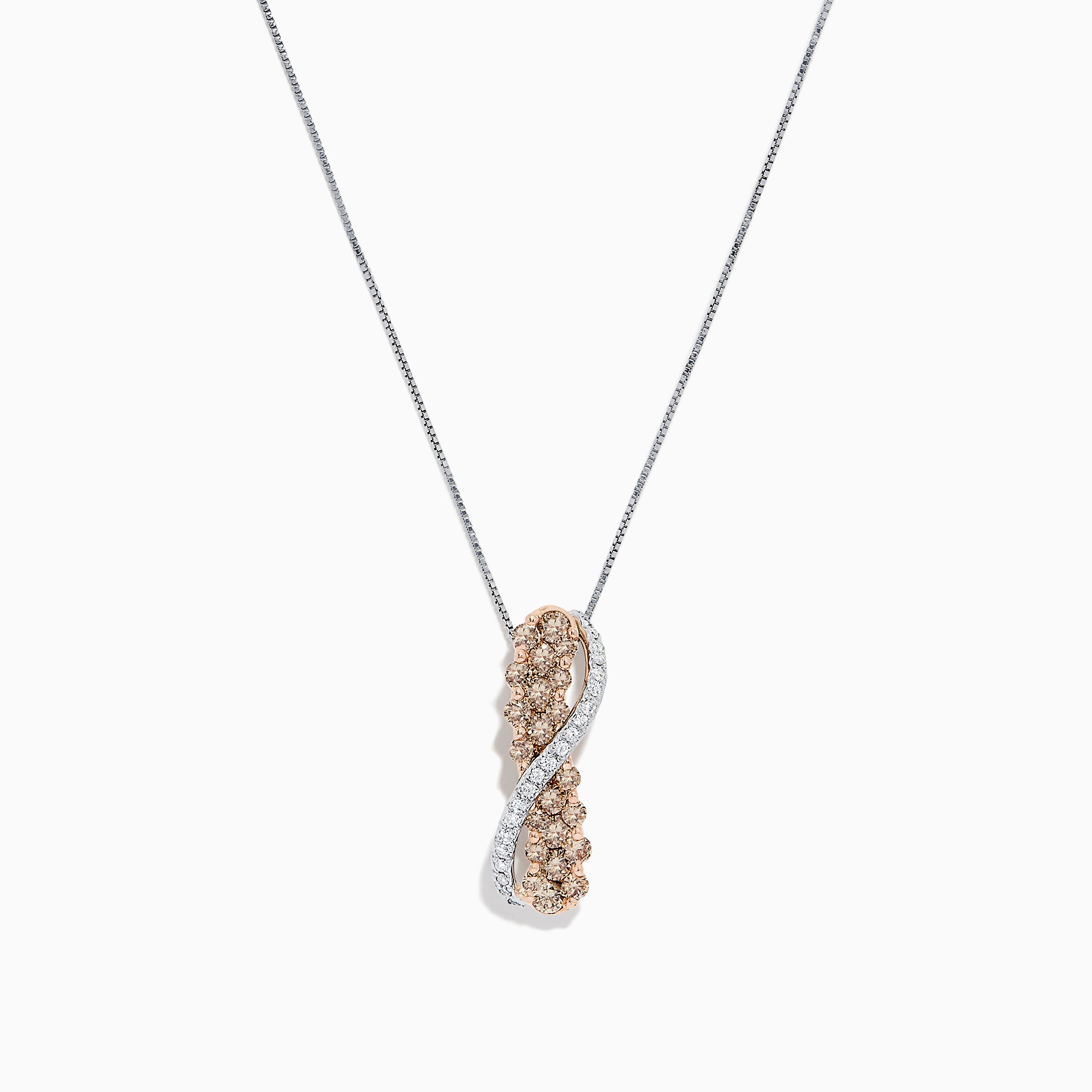 The 14K two-tone gold crossover pendant features a twisting ribbon design with brown and white diamond accents totaling 1.00 TCW, hanging from a delicate chain.