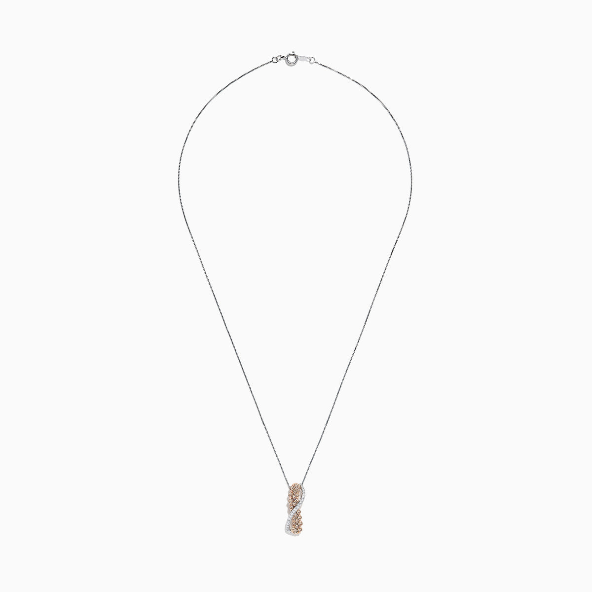 The 14K two-tone gold crossover pendant features a twisting ribbon design with brown and white diamond accents totaling 1.00 TCW, hanging from a delicate chain.