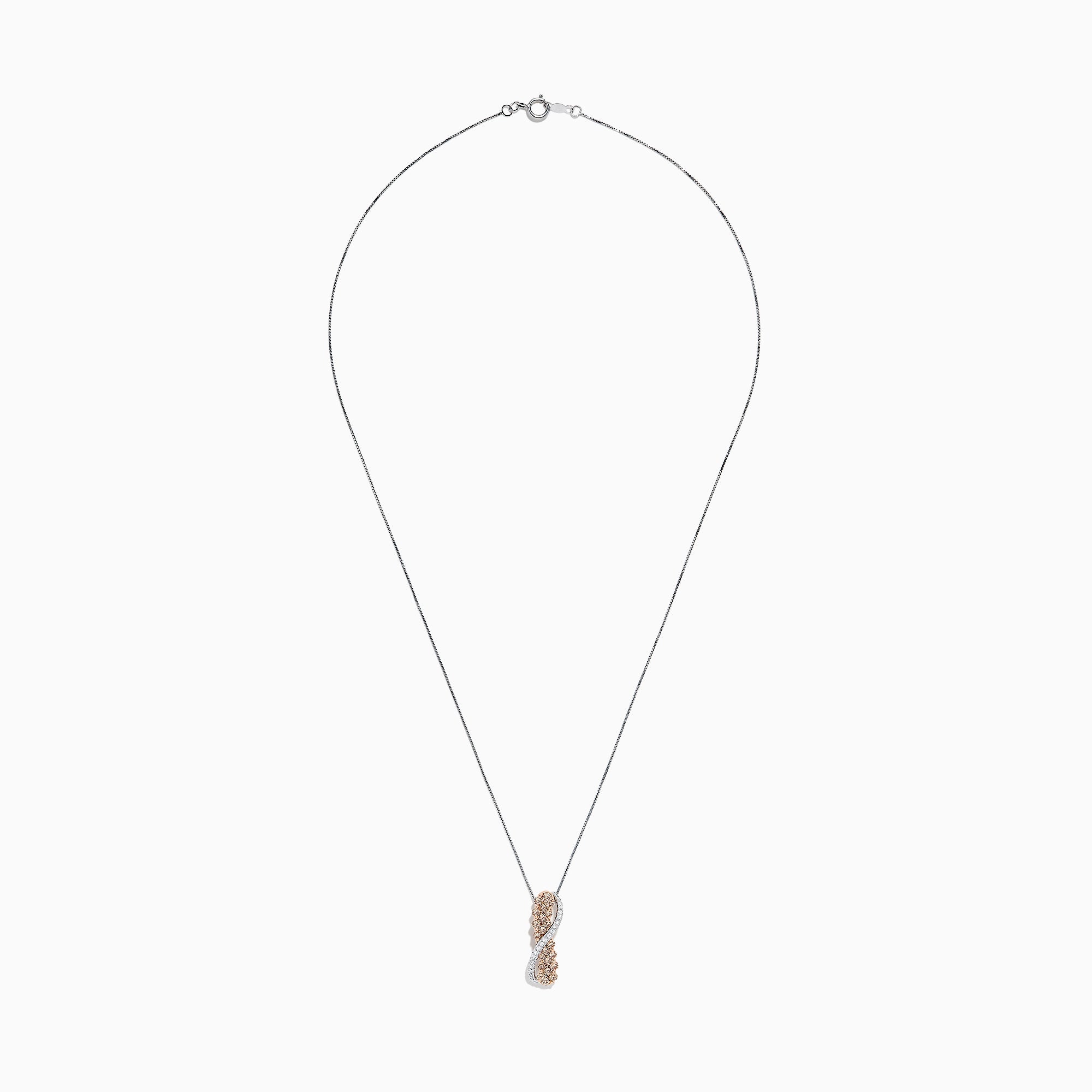 The 14K two-tone gold crossover pendant features a twisting ribbon design with brown and white diamond accents totaling 1.00 TCW, hanging from a delicate chain.