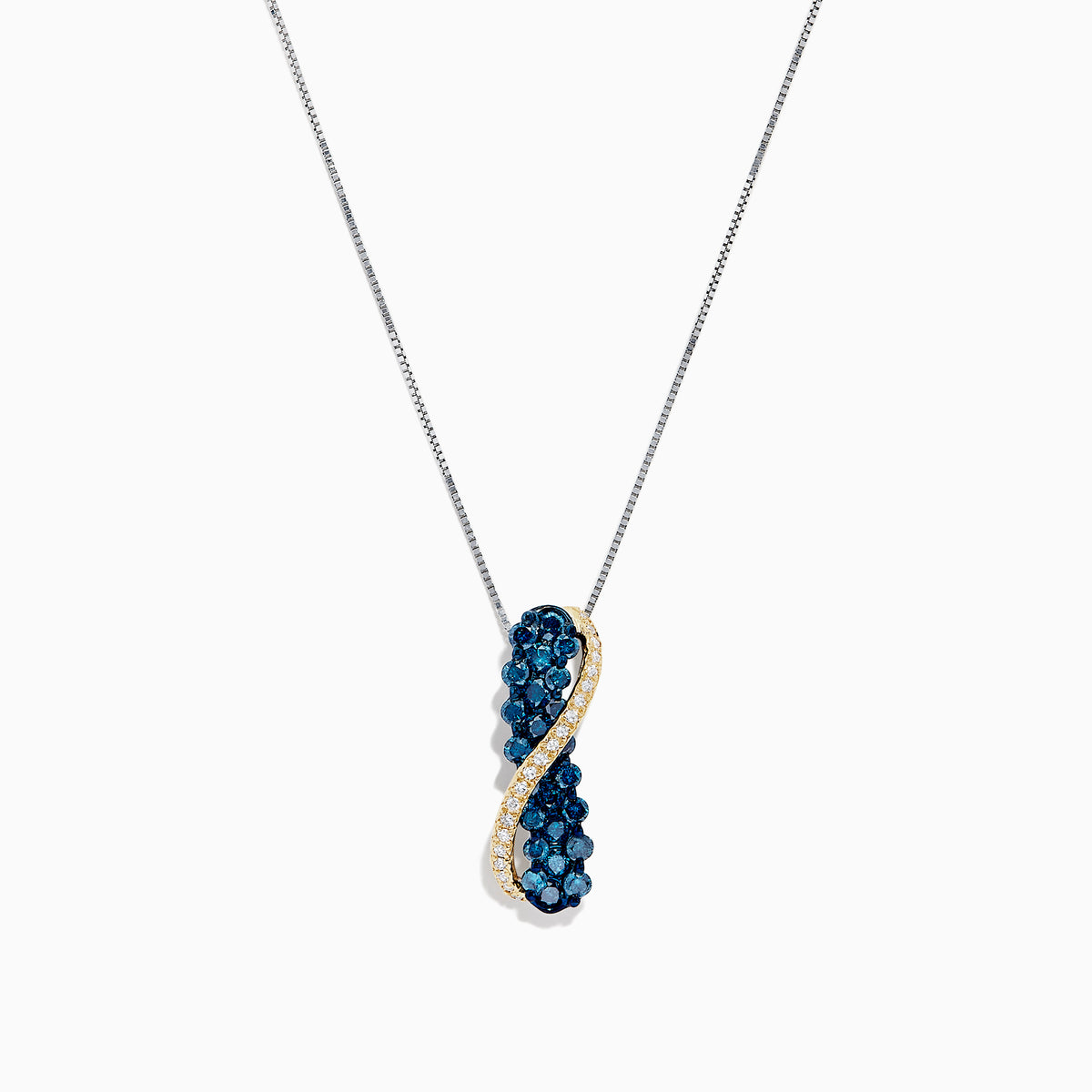 This 14K two tone gold necklace features a crossover pendant with blue and white diamonds (1.00 TCW) on one side, clear gemstones on the other, separated by a gold-toned wavy line.