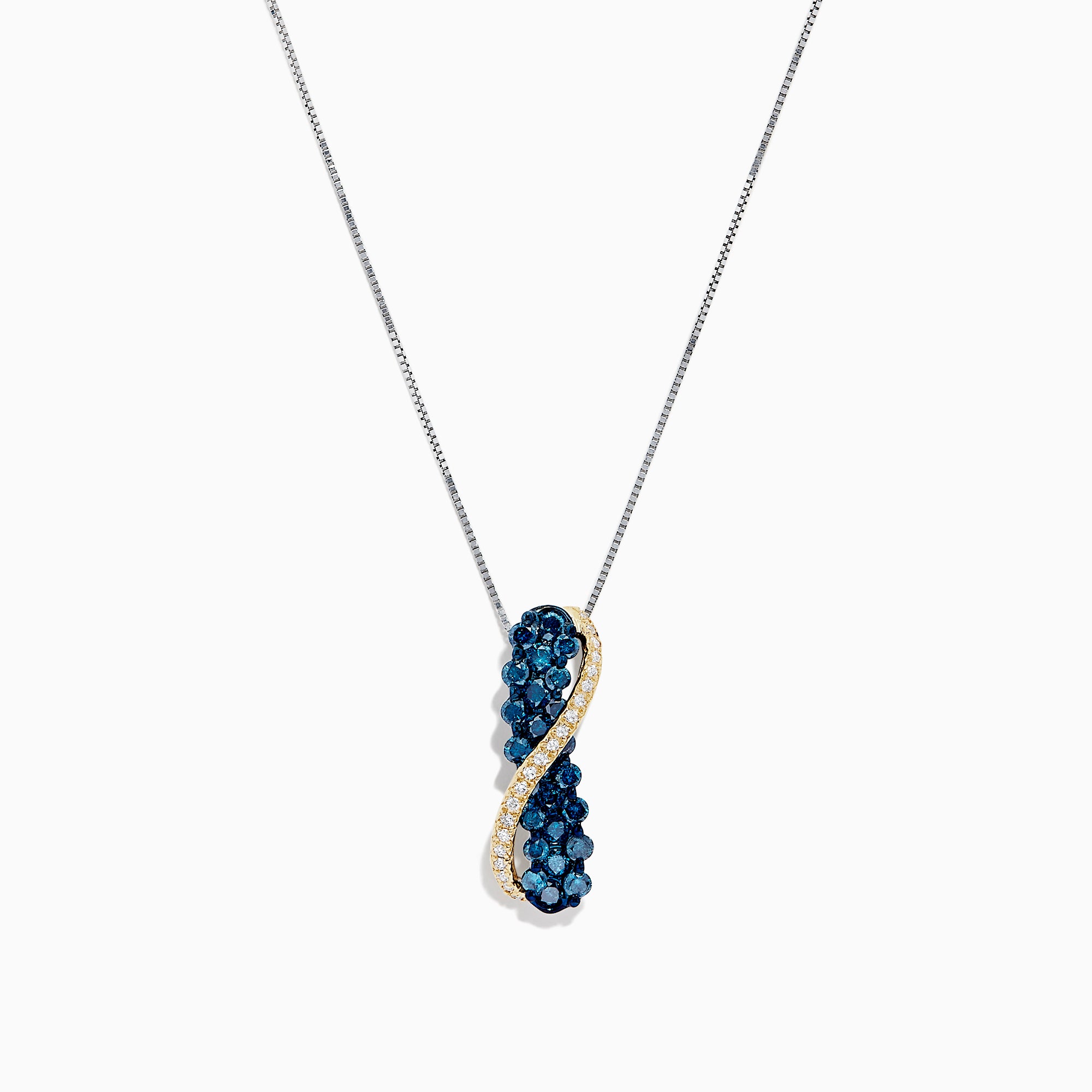 This 14K two tone gold necklace features a crossover pendant with blue and white diamonds (1.00 TCW) on one side, clear gemstones on the other, separated by a gold-toned wavy line.