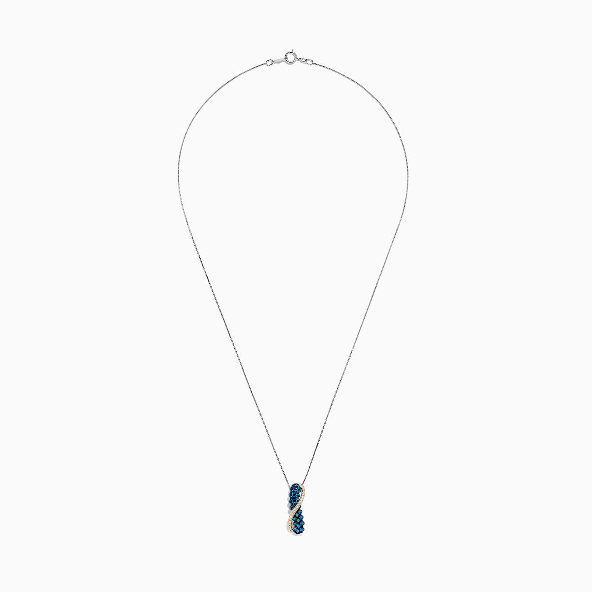 This 14K two tone gold necklace features a crossover pendant with blue and white diamonds (1.00 TCW) on one side, clear gemstones on the other, separated by a gold-toned wavy line.
