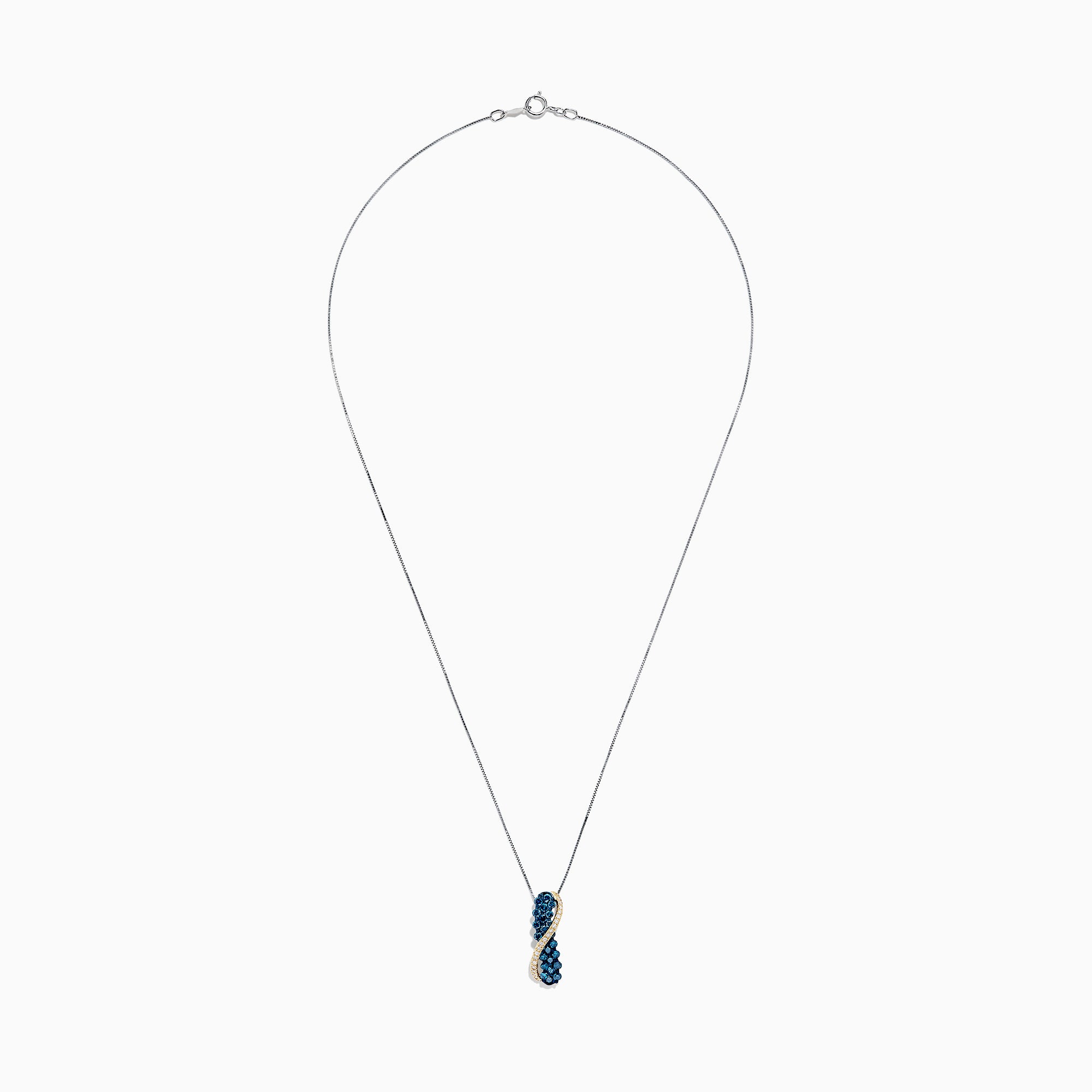 This 14K two tone gold necklace features a crossover pendant with blue and white diamonds (1.00 TCW) on one side, clear gemstones on the other, separated by a gold-toned wavy line.