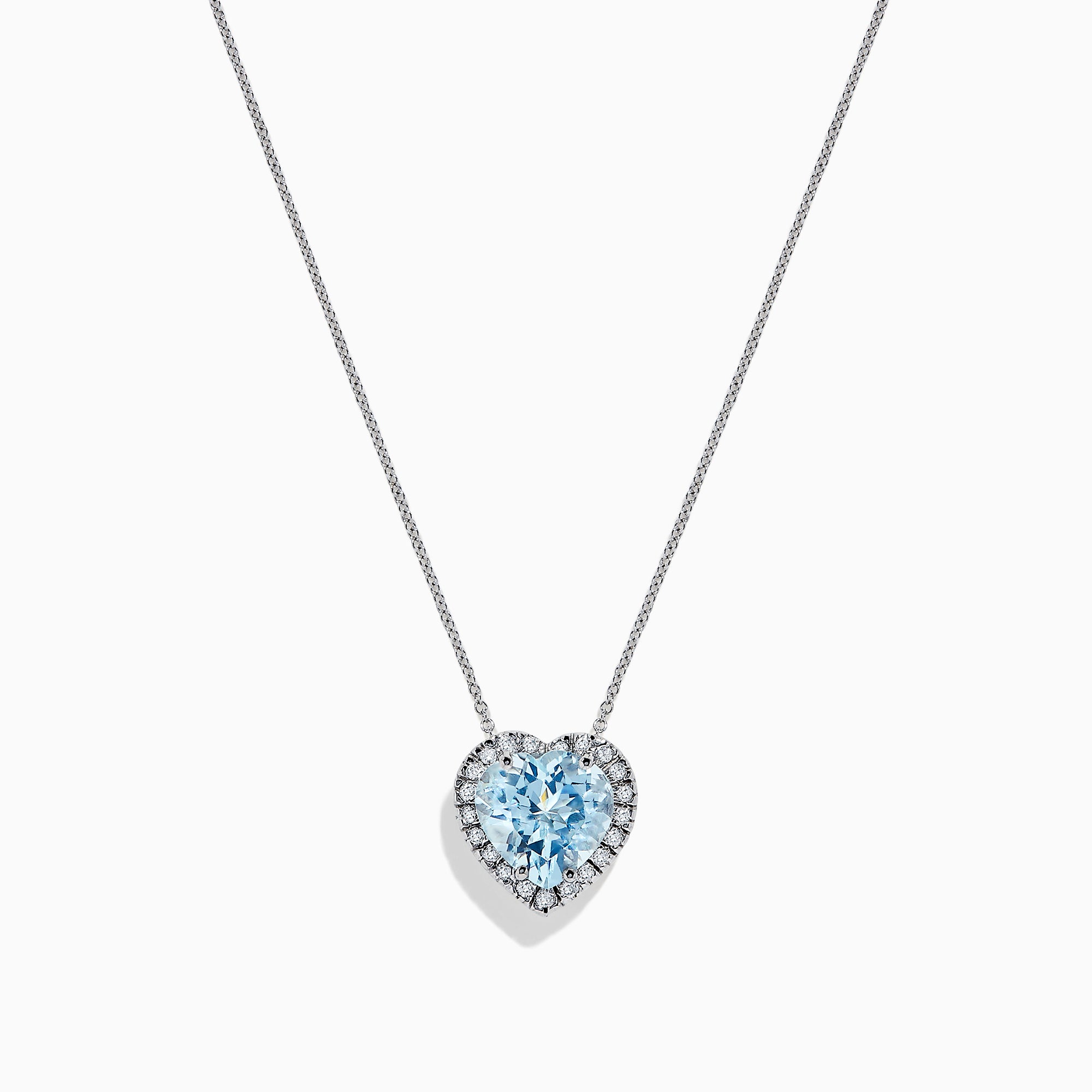 A 14K white gold pendant featuring a heart-shaped aquamarine surrounded by diamonds (2.90 TCW), displayed against a white background.