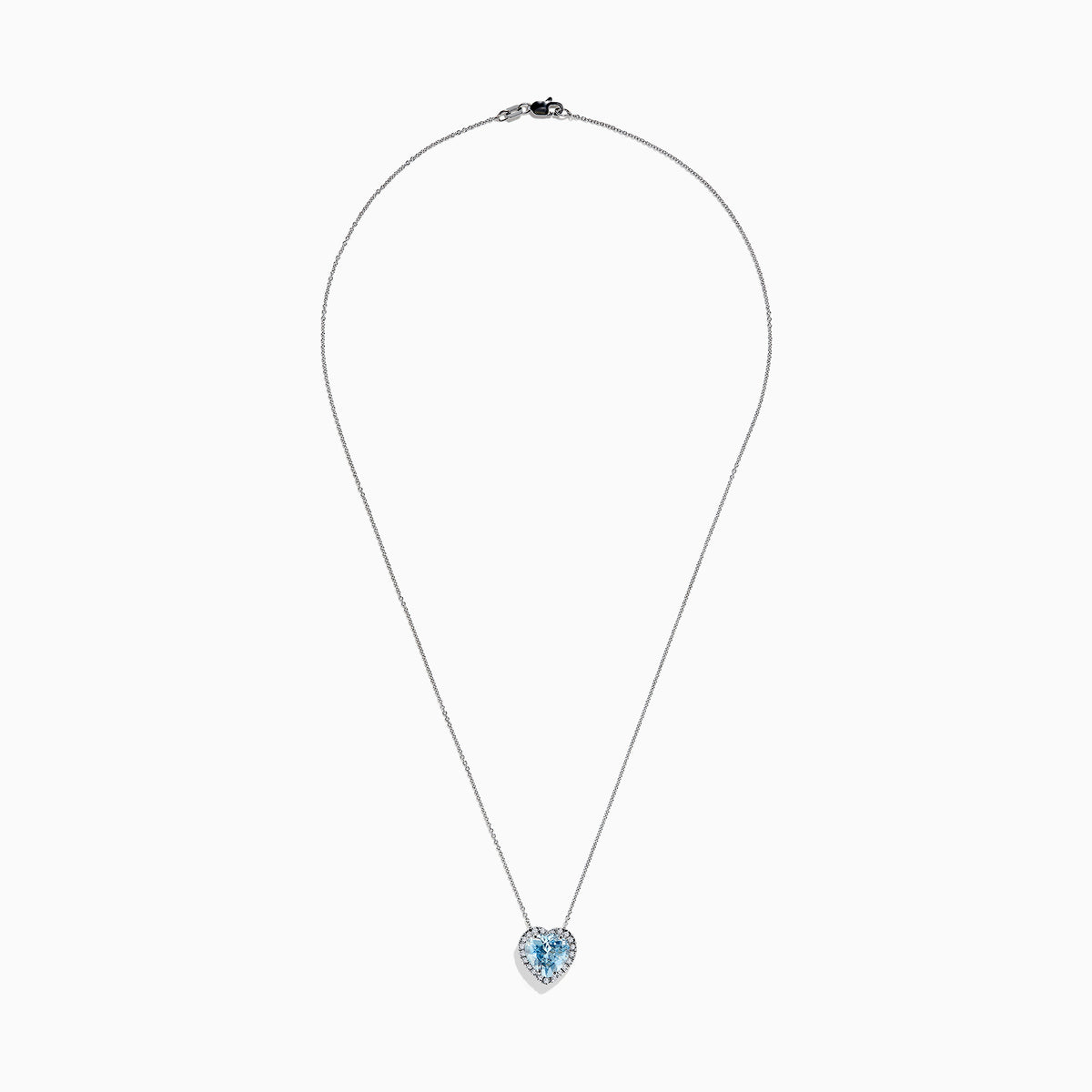 A 14K white gold pendant featuring a heart-shaped aquamarine surrounded by diamonds (2.90 TCW), displayed against a white background.