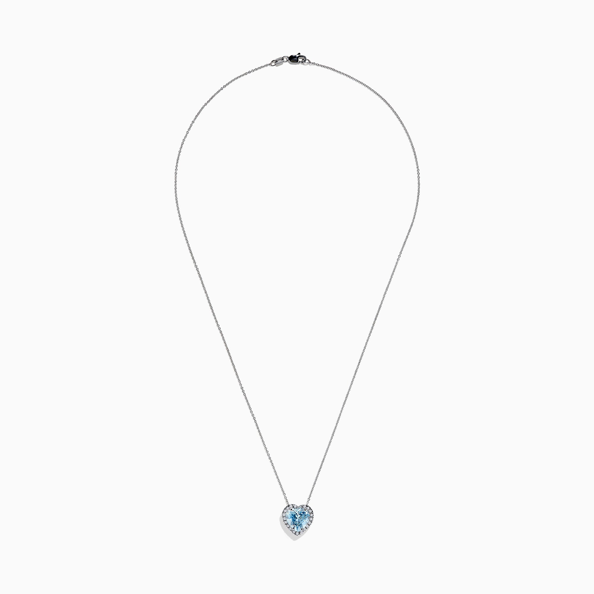 A 14K white gold pendant featuring a heart-shaped aquamarine surrounded by diamonds (2.90 TCW), displayed against a white background.