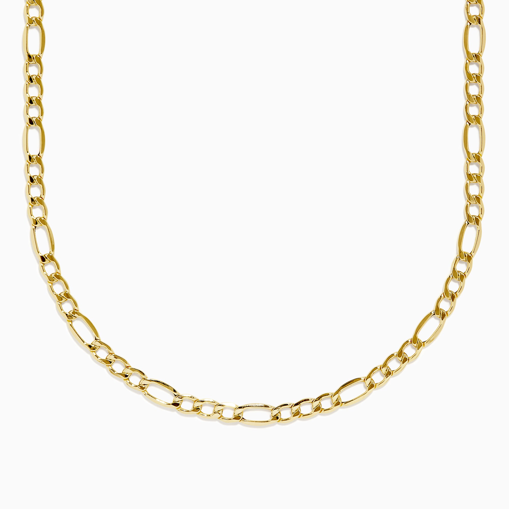 The 14K Yellow Gold 20 Figaro Necklace is shown on a white background, highlighting its alternating short and elongated oval link design.