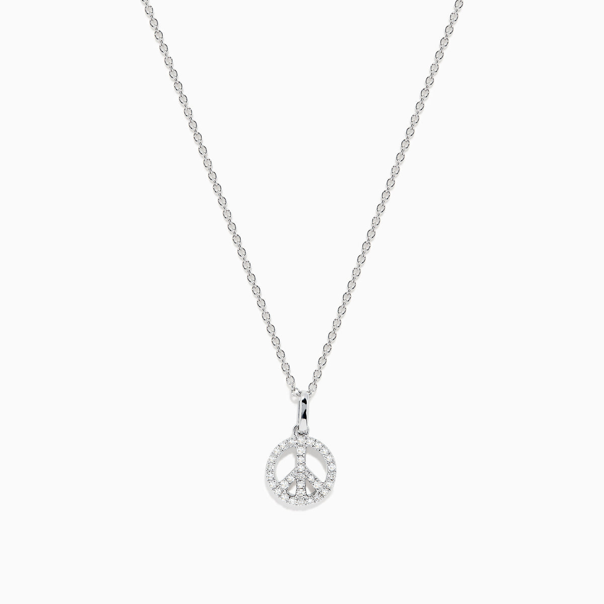 The 925 Sterling Silver Diamond Peace Sign Necklace features a delicate chain with a small, round pendant encrusted with clear, sparkling gemstones in the shape of a peace sign.