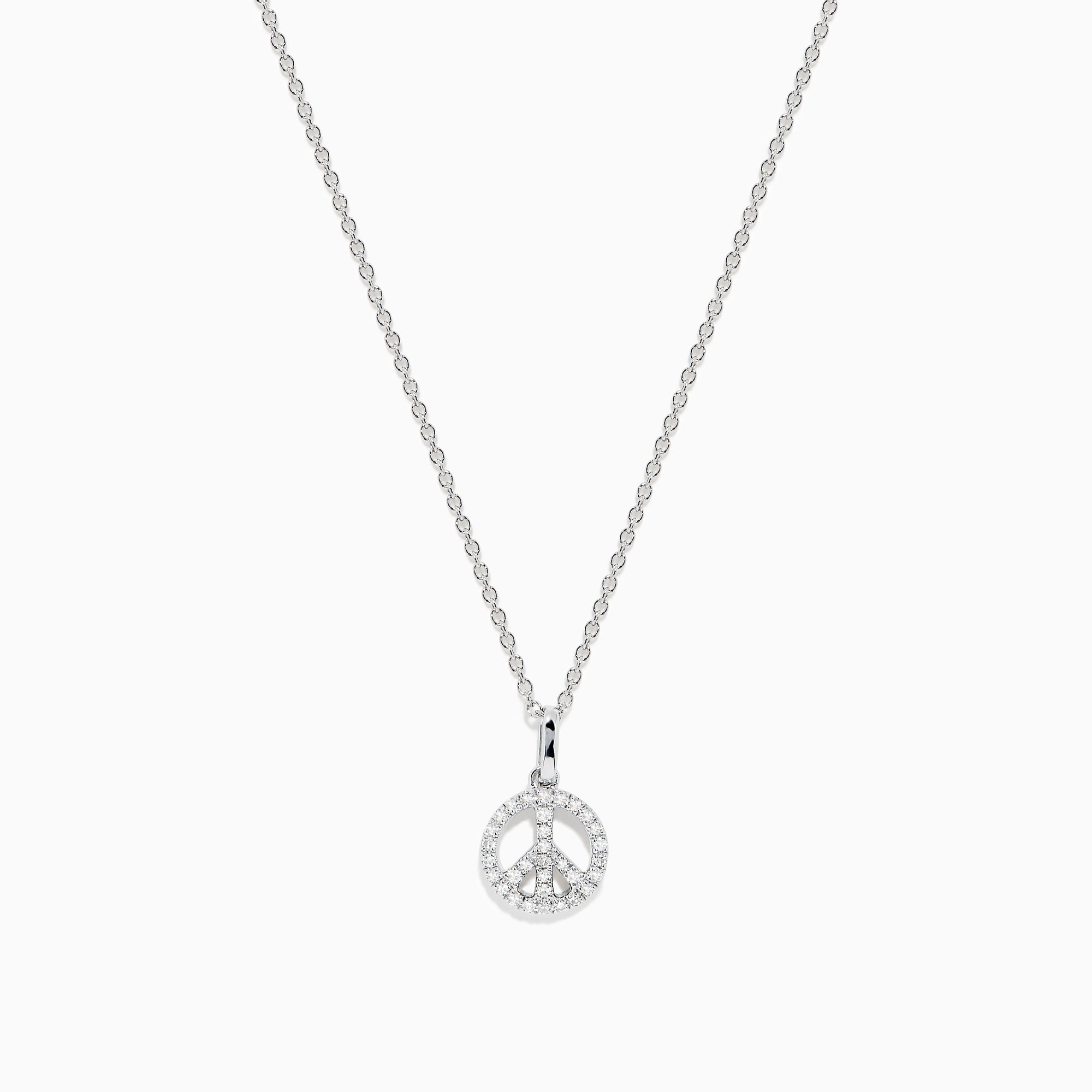 The 925 Sterling Silver Diamond Peace Sign Necklace features a delicate chain with a small, round pendant encrusted with clear, sparkling gemstones in the shape of a peace sign.