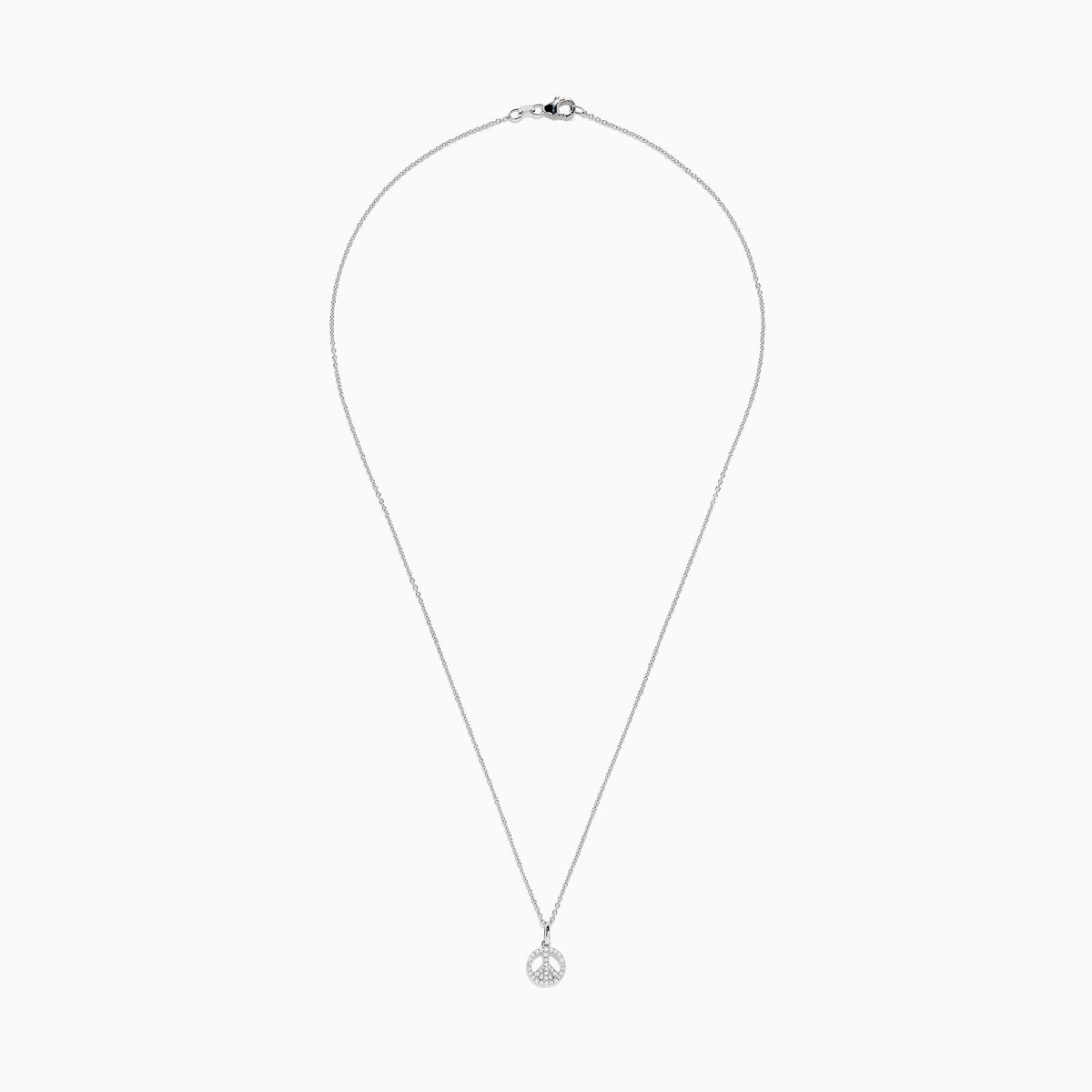 The 925 Sterling Silver Diamond Peace Sign Necklace features a delicate chain with a small, round pendant encrusted with clear, sparkling gemstones in the shape of a peace sign.