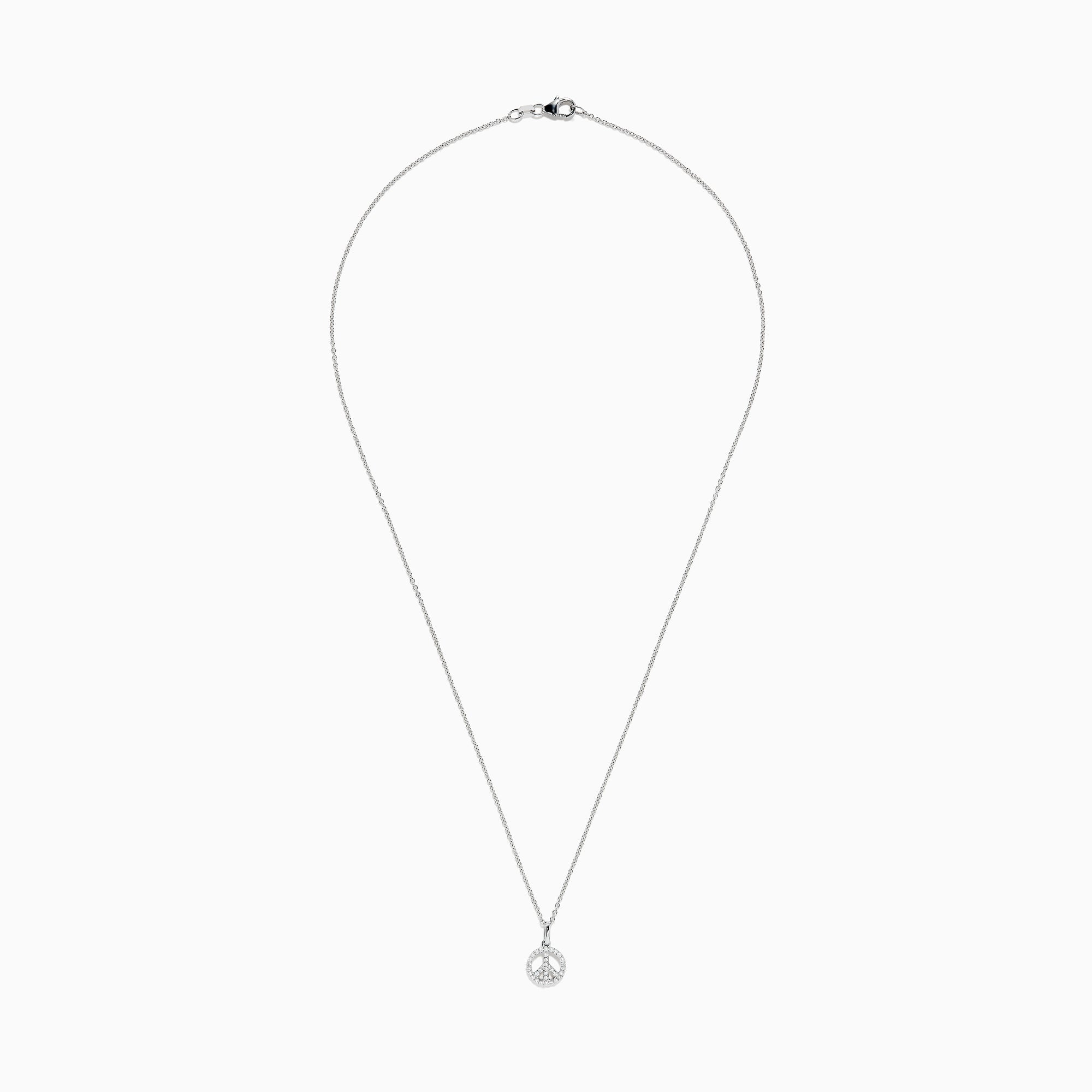 The 925 Sterling Silver Diamond Peace Sign Necklace features a delicate chain with a small, round pendant encrusted with clear, sparkling gemstones in the shape of a peace sign.