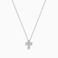 The 925 Sterling Silver Diamond Cross Pendant features a delicate silver chain with a small, sparkling diamond cross, encrusted with clear gemstones and displayed against a white background.