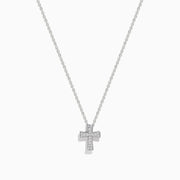 The 925 Sterling Silver Diamond Cross Pendant features a delicate silver chain with a small, sparkling diamond cross, encrusted with clear gemstones and displayed against a white background.