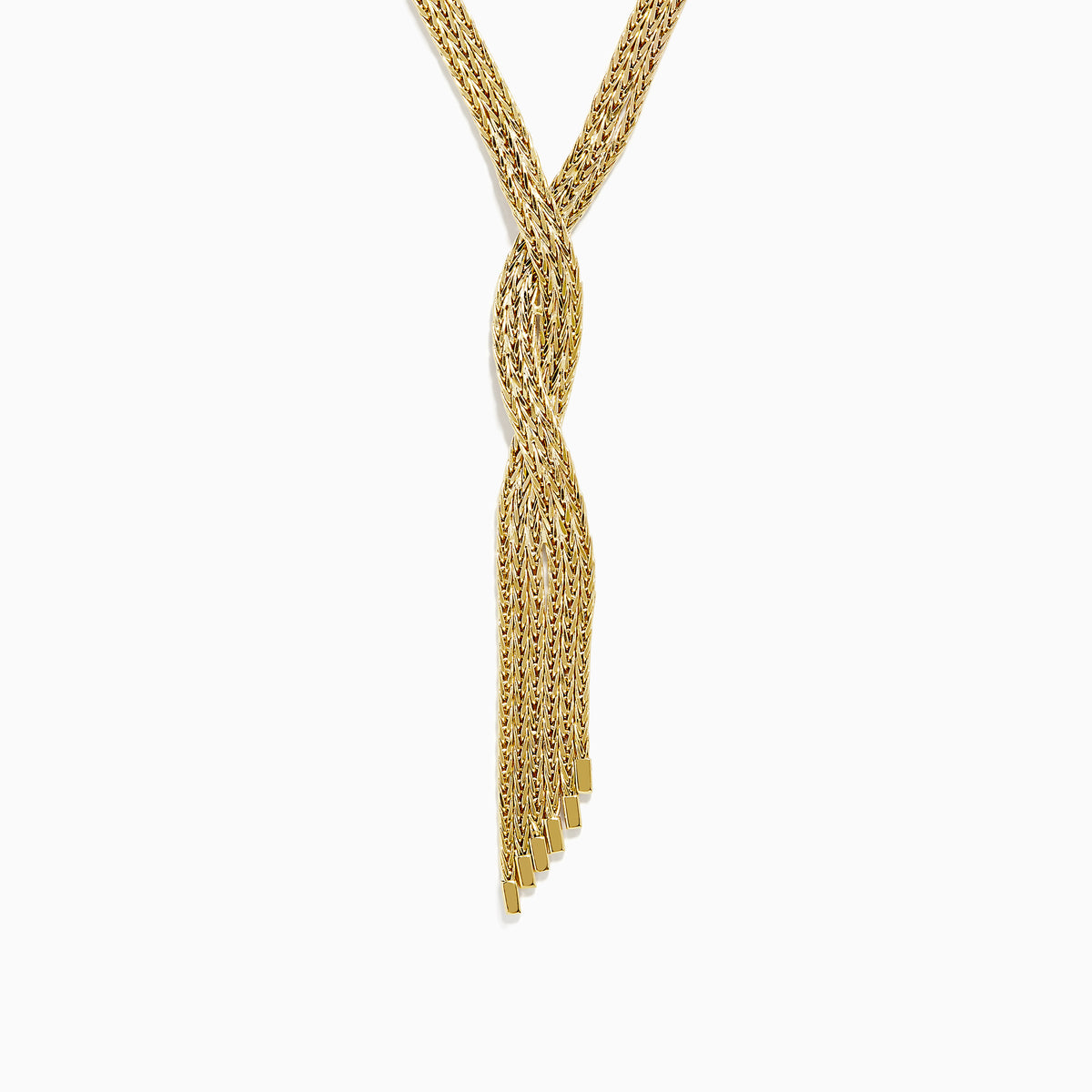 The 14K Yellow Gold 17 Fringe Necklace features several chains twisted into a central knot, with loose chain ends creating a chic layered and fringe look.