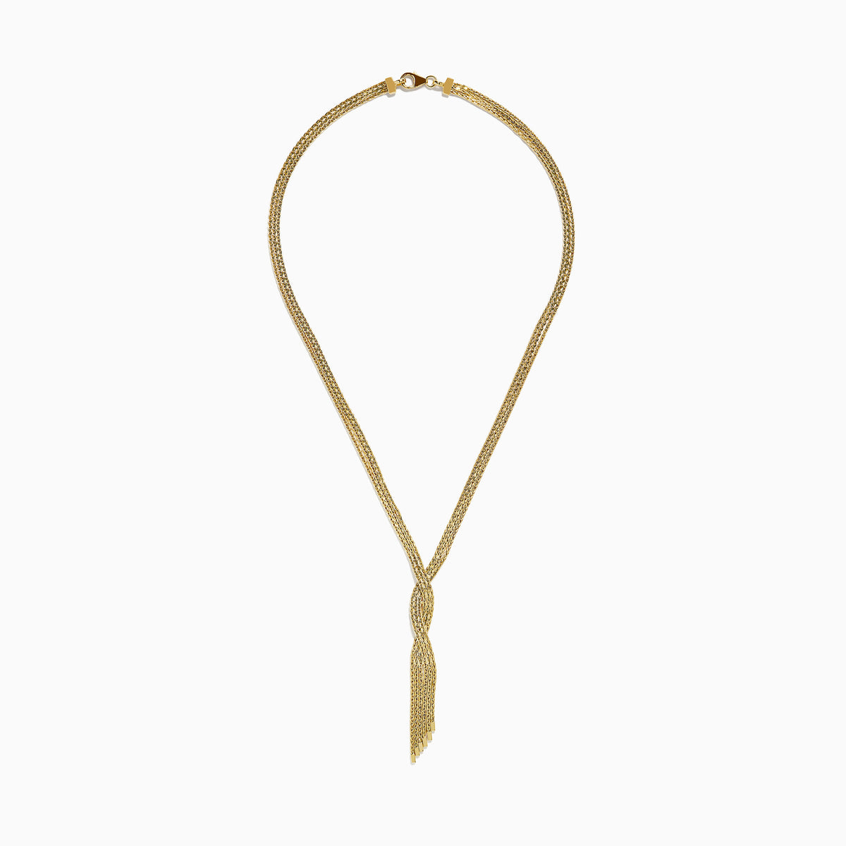 The 14K Yellow Gold 17 Fringe Necklace features several chains twisted into a central knot, with loose chain ends creating a chic layered and fringe look.