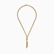 The 14K Yellow Gold 17 Fringe Necklace features several chains twisted into a central knot, with loose chain ends creating a chic layered and fringe look.