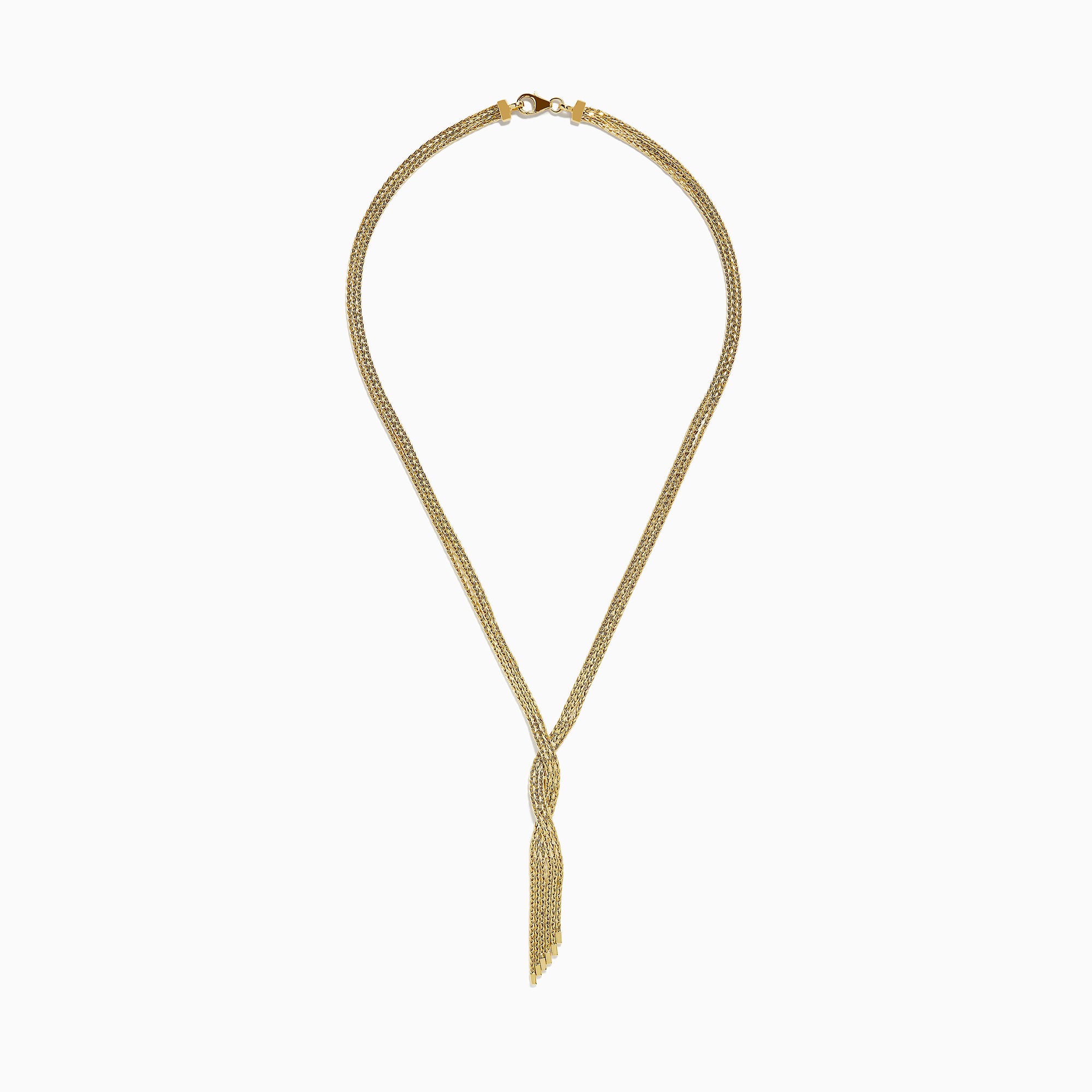 The 14K Yellow Gold 17 Fringe Necklace features several chains twisted into a central knot, with loose chain ends creating a chic layered and fringe look.