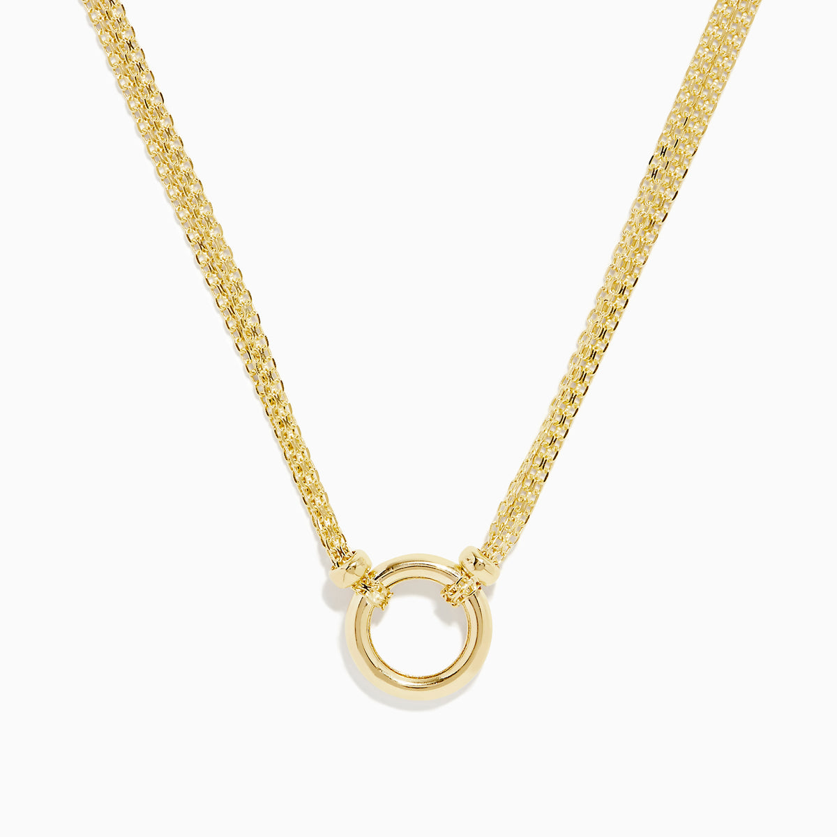 The 14K Yellow Gold 18 Charm Holder Necklace features two chains joined by a small gold ring pendant, adding a refined and elegant touch to any look.