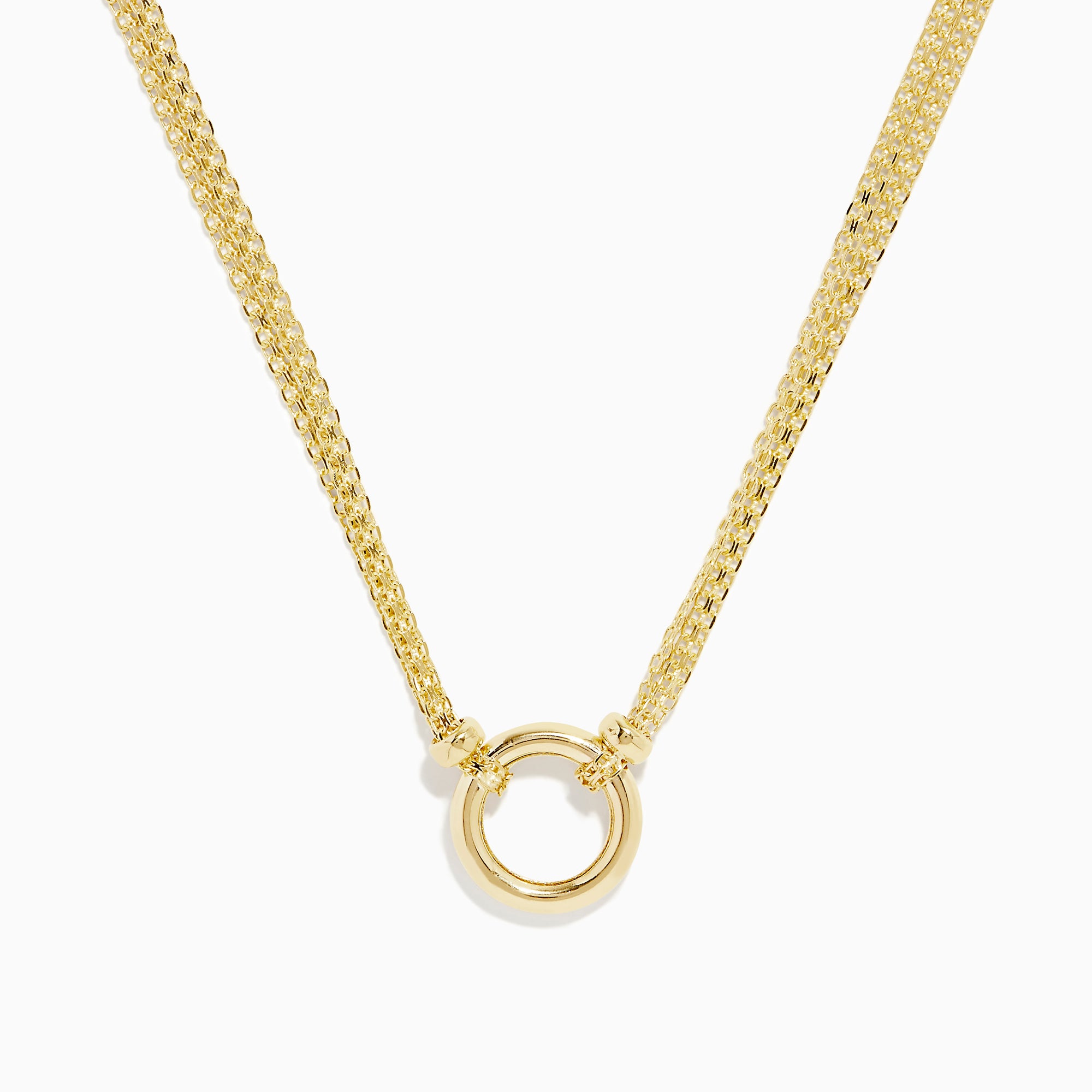 The 14K Yellow Gold 18 Charm Holder Necklace features two chains joined by a small gold ring pendant, adding a refined and elegant touch to any look.