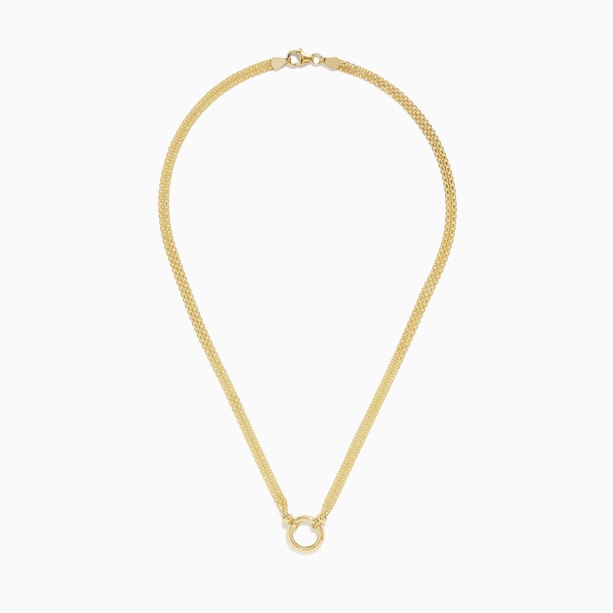 The 14K Yellow Gold 18 Charm Holder Necklace features two chains joined by a small gold ring pendant, adding a refined and elegant touch to any look.