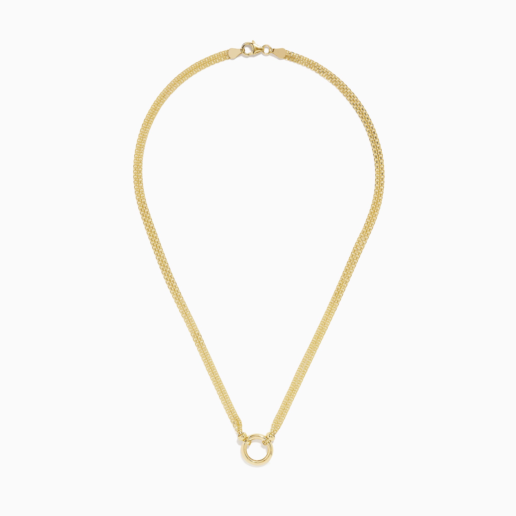 The 14K Yellow Gold 18 Charm Holder Necklace features two chains joined by a small gold ring pendant, adding a refined and elegant touch to any look.
