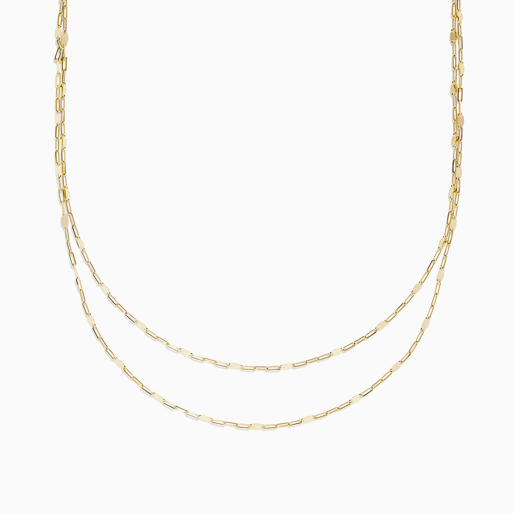 The 14K Yellow Gold 16 Mirror Chain Necklace features two layers of delicate, elongated links in a mirror chain design, showcased against a plain white background.