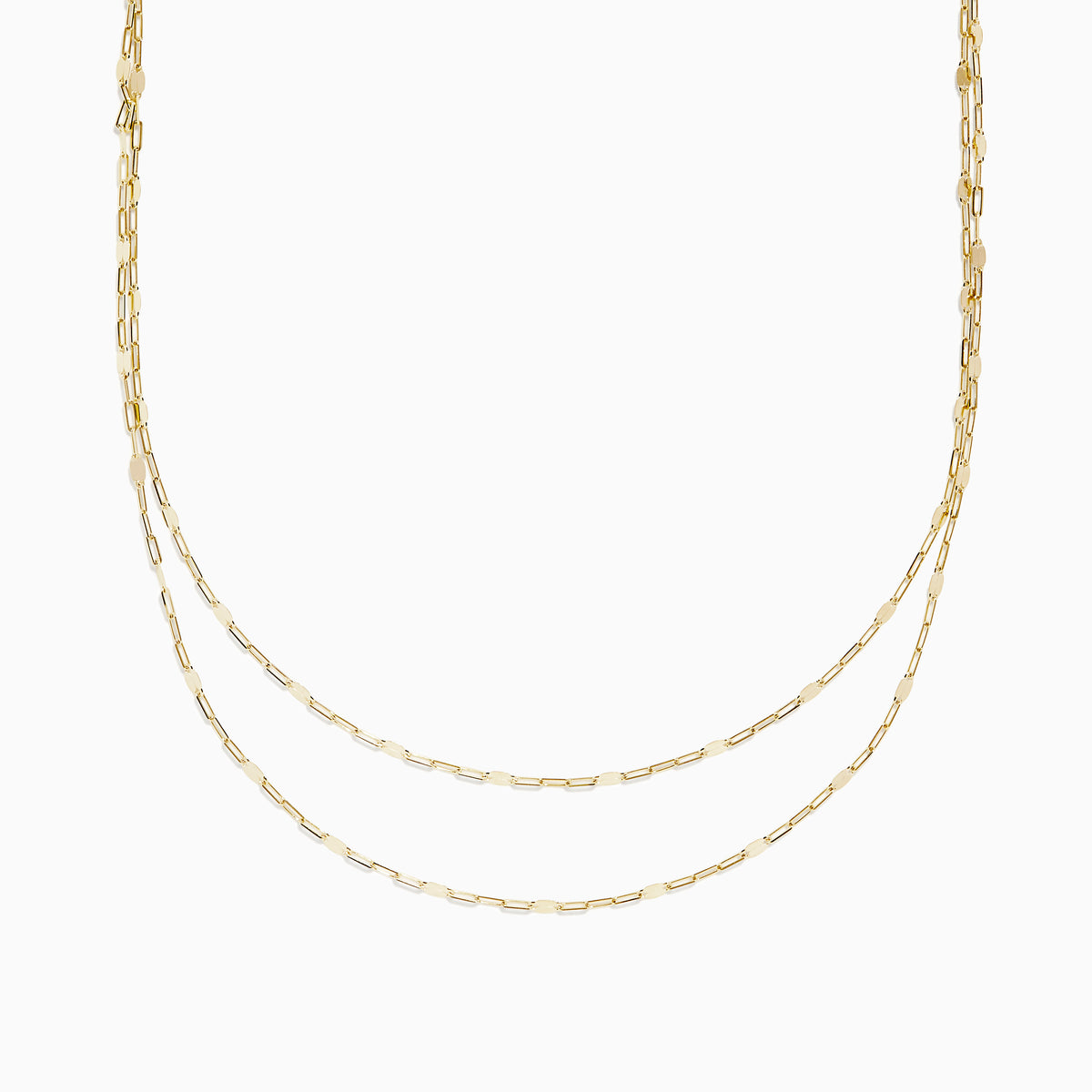 The 14K Yellow Gold 16 Mirror Chain Necklace features two layers of delicate, elongated links in a mirror chain design, showcased against a plain white background.