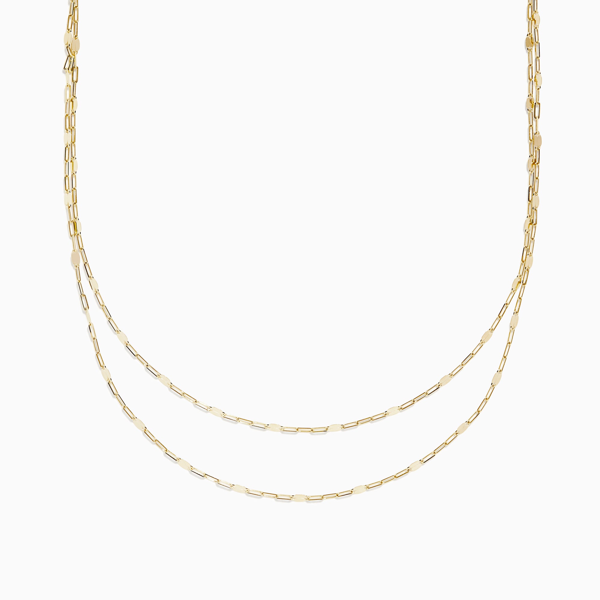 The 14K Yellow Gold 16 Mirror Chain Necklace features two layers of delicate, elongated links in a mirror chain design, showcased against a plain white background.