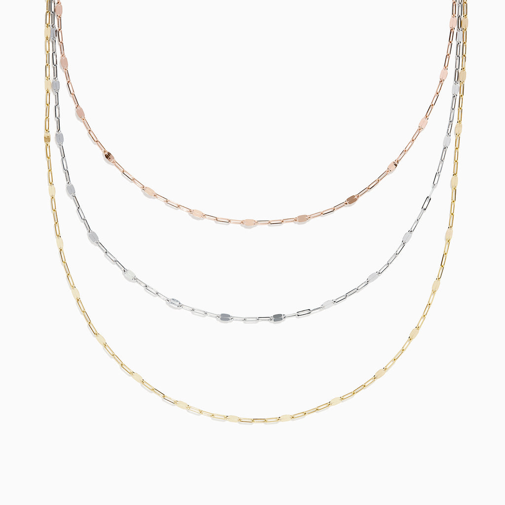 The 14K Tri Tone Gold Mirror Chain Necklace 17 features delicate oval and round links in rose gold, silver, and yellow gold tones, beautifully displayed against a white background.