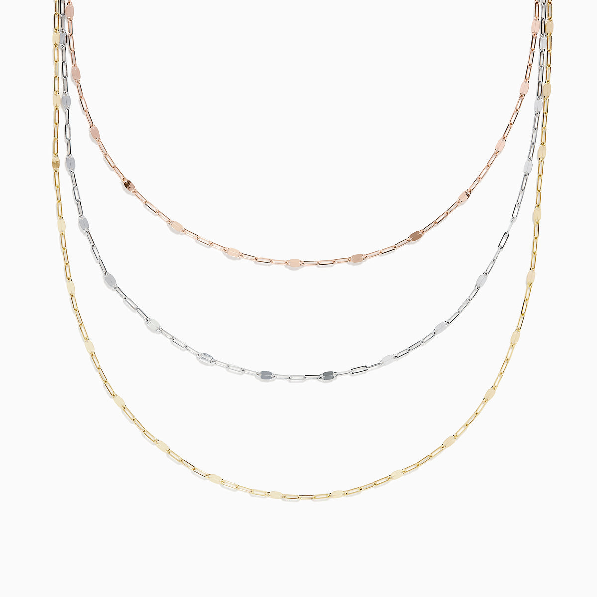 The 14K Tri Tone Gold Mirror Chain Necklace 17 features delicate oval and round links in rose gold, silver, and yellow gold tones, beautifully displayed against a white background.
