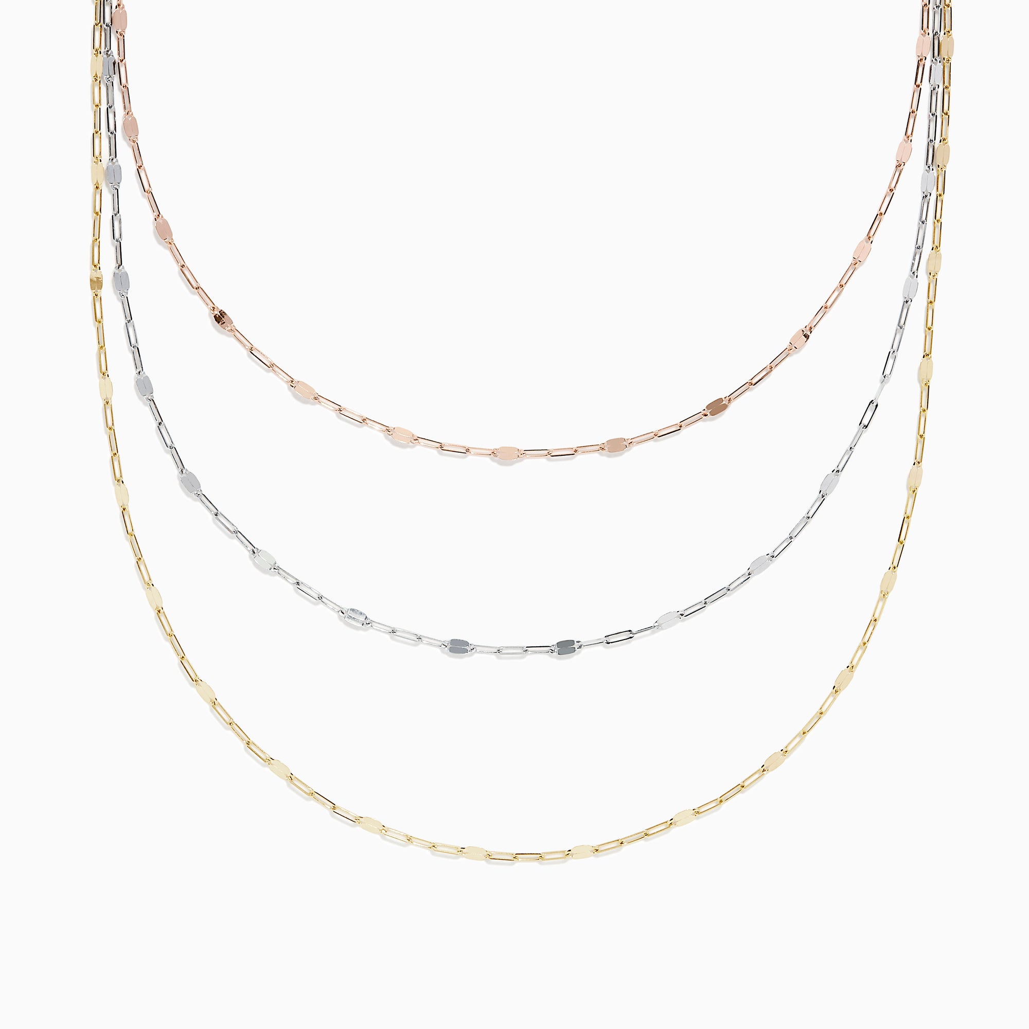 The 14K Tri Tone Gold Mirror Chain Necklace 17 features delicate oval and round links in rose gold, silver, and yellow gold tones, beautifully displayed against a white background.
