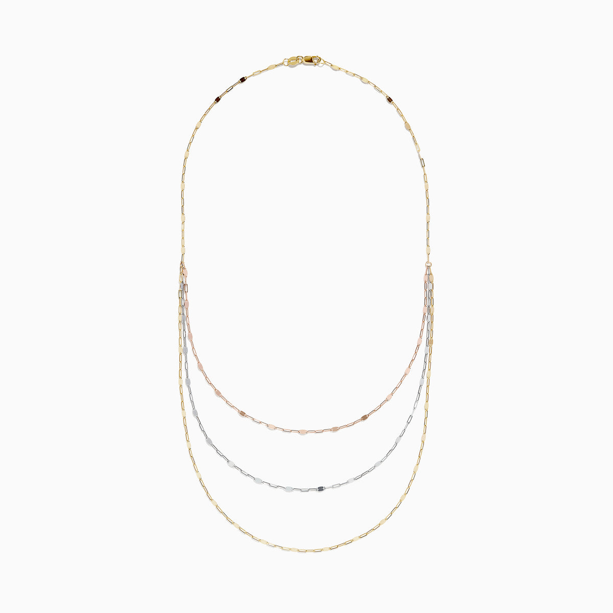 The 14K Tri Tone Gold Mirror Chain Necklace 17 features delicate oval and round links in rose gold, silver, and yellow gold tones, beautifully displayed against a white background.