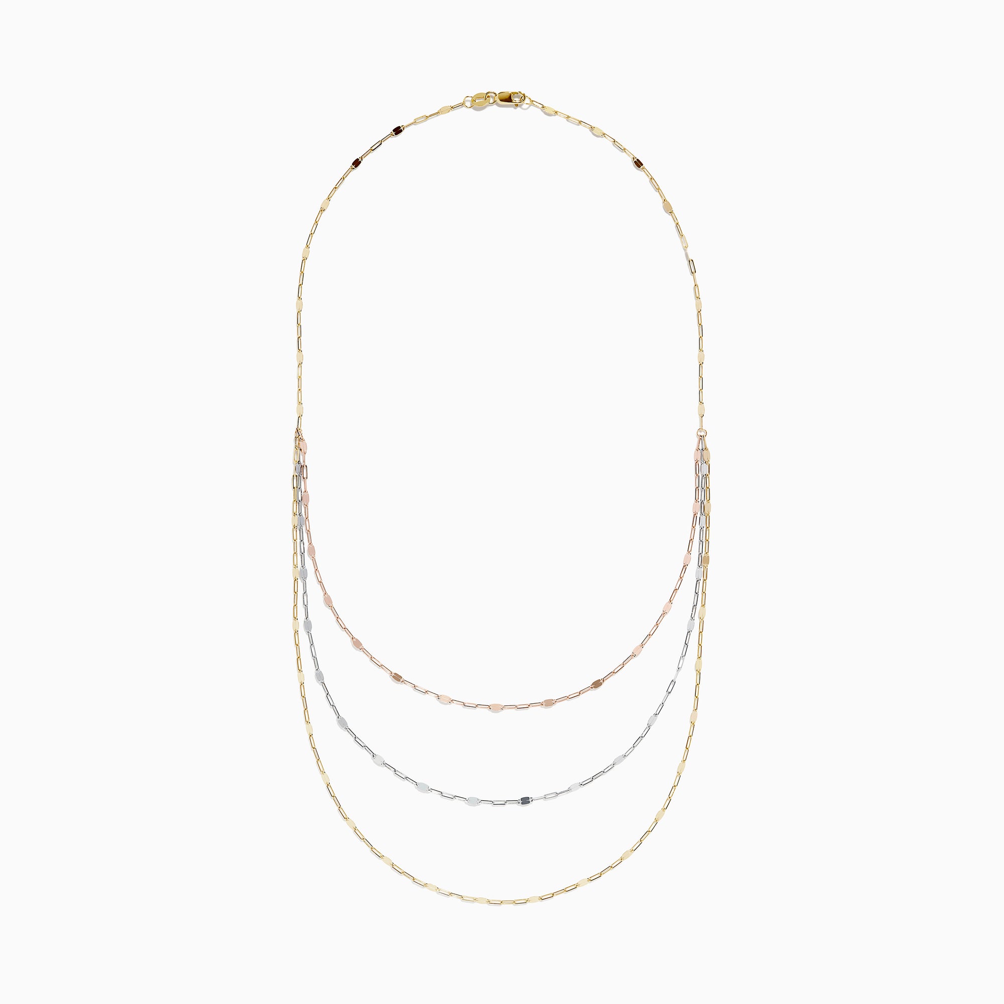 The 14K Tri Tone Gold Mirror Chain Necklace 17 features delicate oval and round links in rose gold, silver, and yellow gold tones, beautifully displayed against a white background.