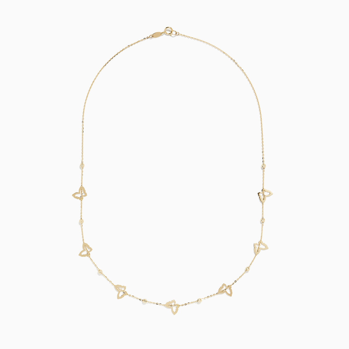 The 14K Yellow Gold Mini Butterflies Necklace features small, open butterfly charms spaced along a fine gold chain for a simple yet elegant design.