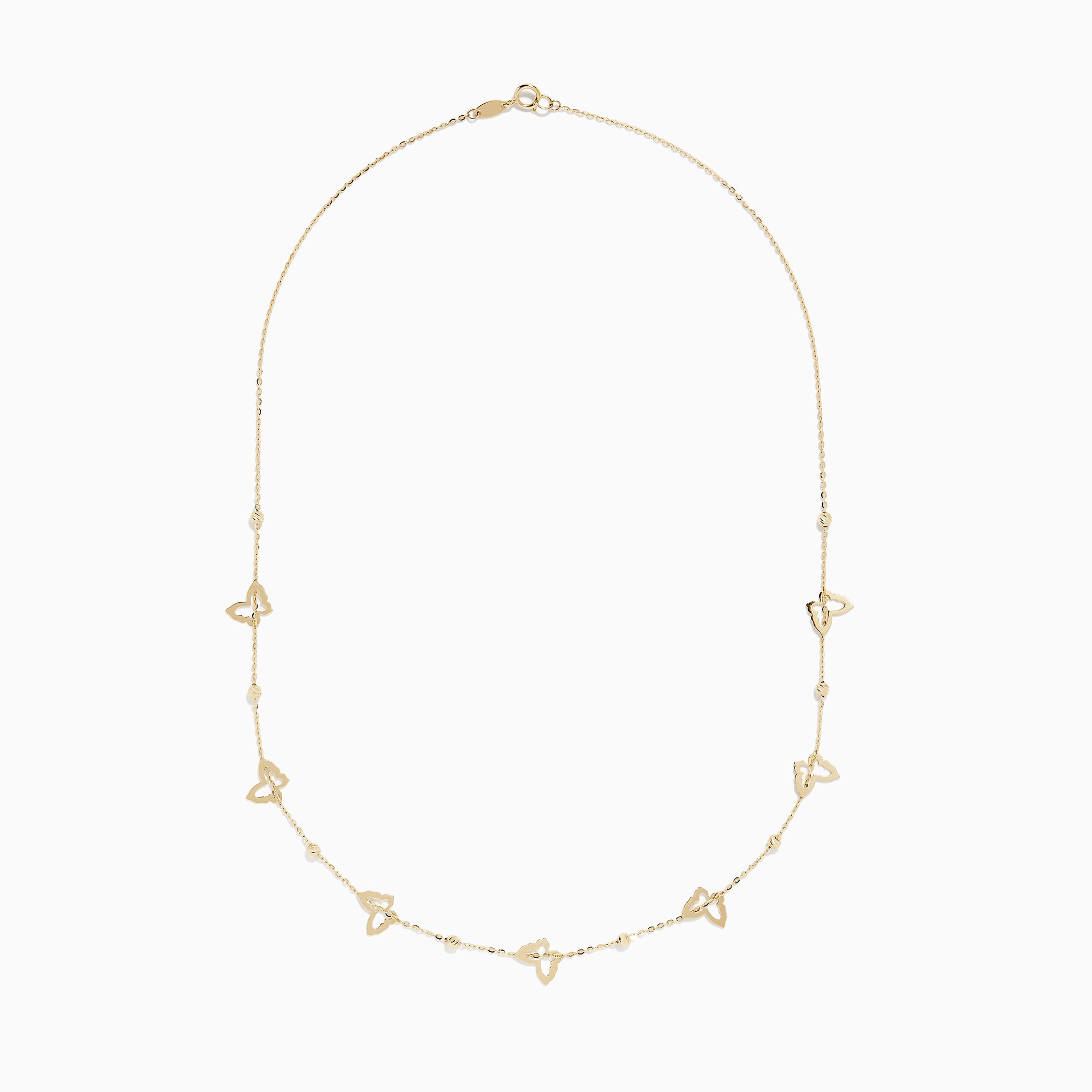 The 14K Yellow Gold Mini Butterflies Necklace features small, open butterfly charms spaced along a fine gold chain for a simple yet elegant design.