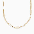 The 14K Yellow Gold 18 Paperclip Mini ID Necklace features elongated oval links and a rectangular center ID plate, displayed against a white background.